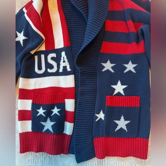 Charter Club USA Flag Cardigan Sweater XXL Red White Blue Stars Stripes Shawl - Picture 2 of 7